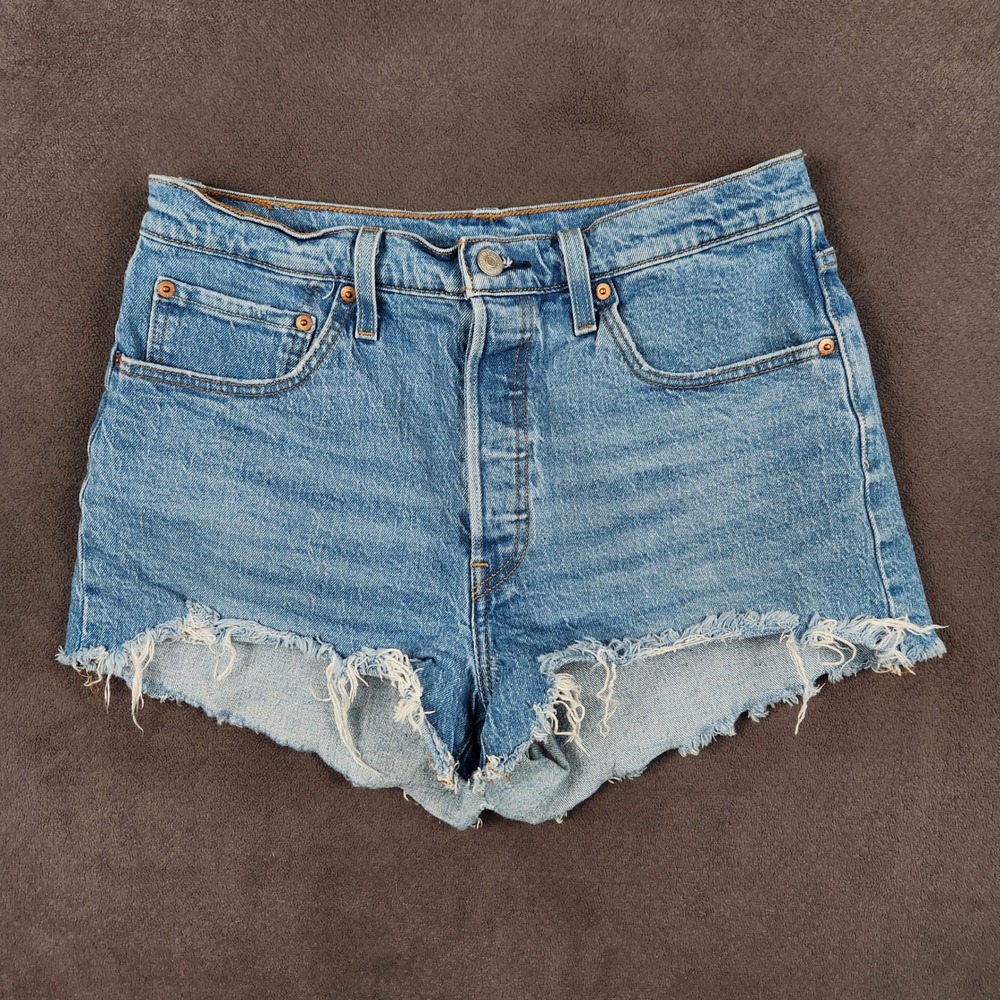 Levis 501 Denim Shorts Womens 30 Blue Original High Rise Button Fly‎ Frayed Hem